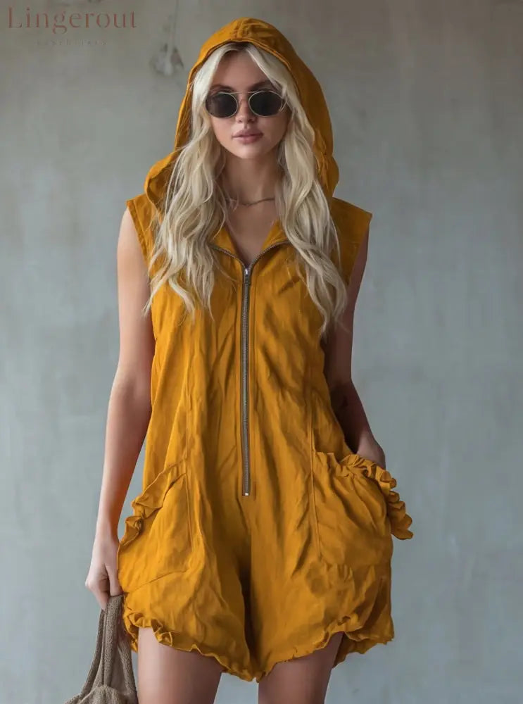 Hooded Zip Front Linen Romper - Yellow / S