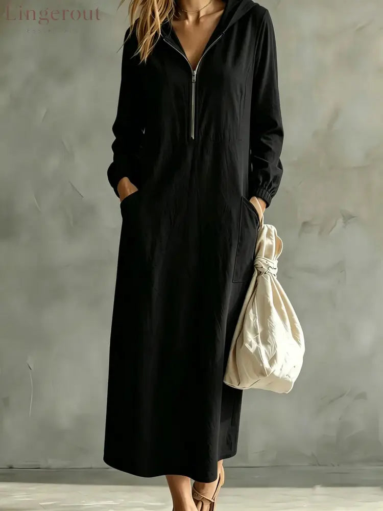 Hooded Zip-Neck Midi Dress - Black / S