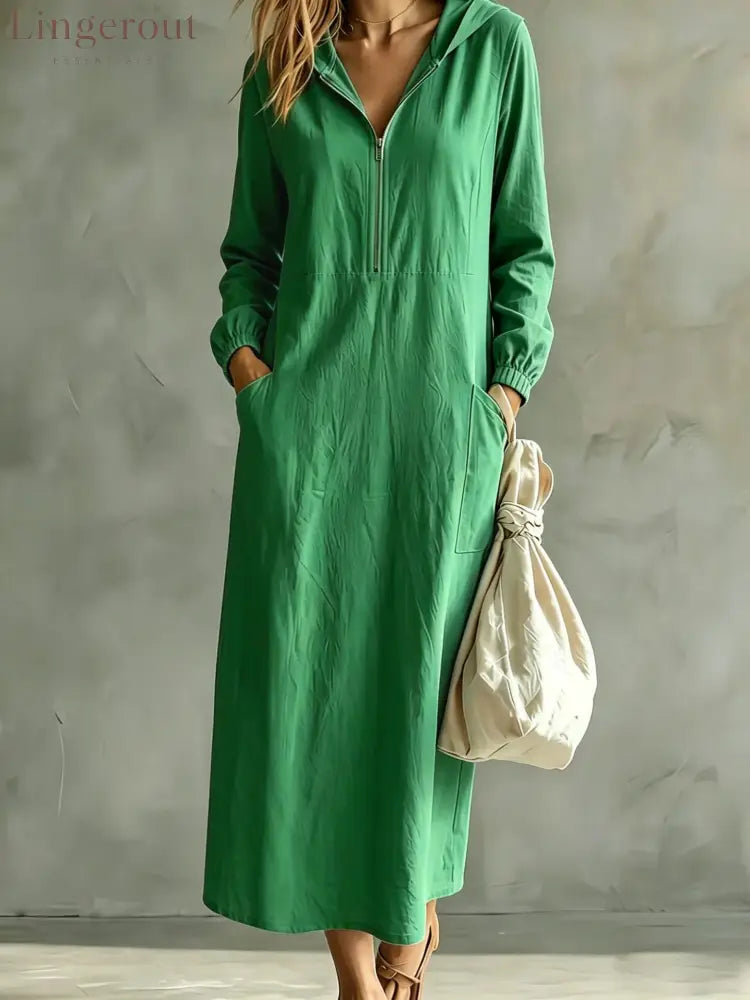 Hooded Zip-Neck Midi Dress - Green / S