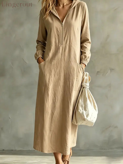 Hooded Zip-Neck Midi Dress - Khaki / S