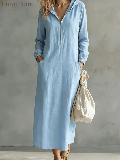 Hooded Zip-Neck Midi Dress - Light blue / S