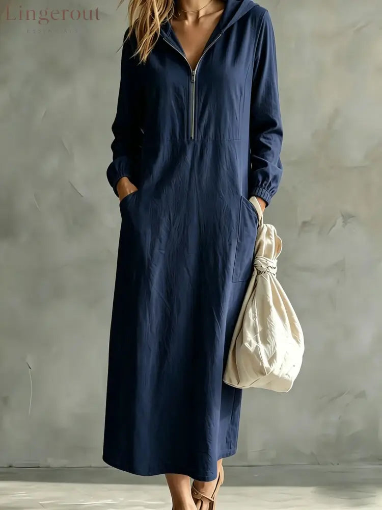 Hooded Zip-Neck Midi Dress - Navy blue / S