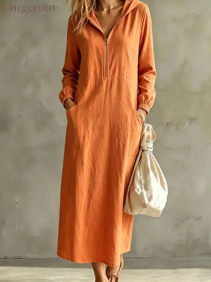 Hooded Zip-Neck Midi Dress - Orange / S