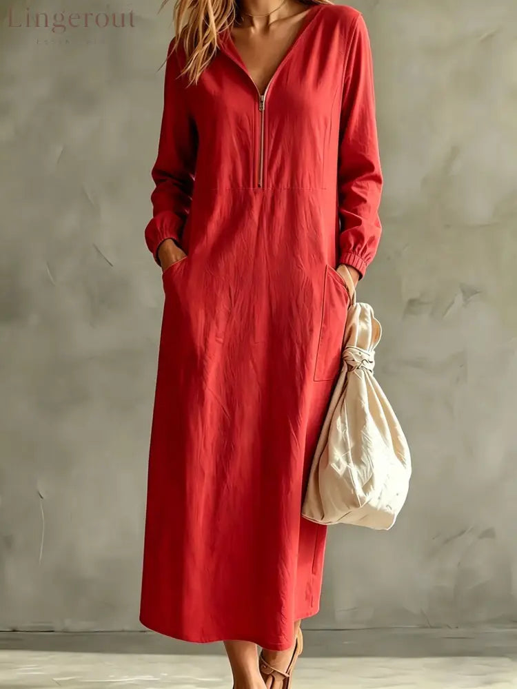 Hooded Zip-Neck Midi Dress - Red / S