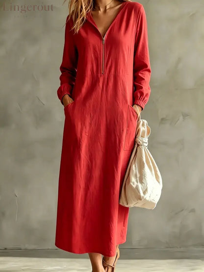 Hooded Zip-Neck Midi Dress - Red / S
