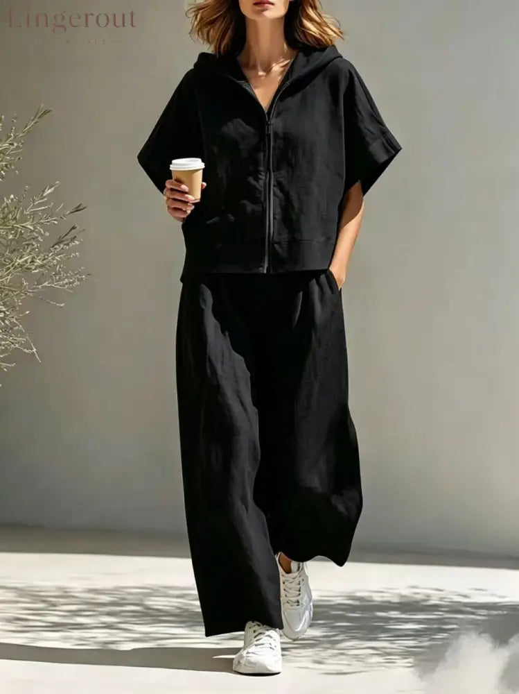 Hooded Zip Top & Wide-Leg Pants Set - Black / S