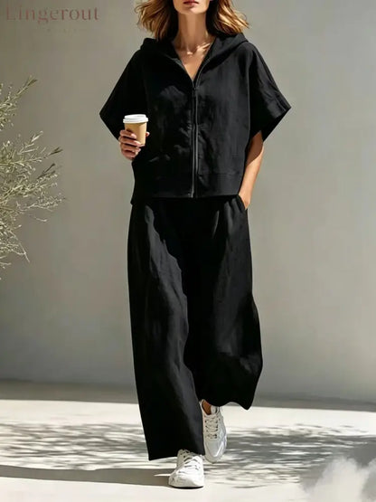 Hooded Zip Top & Wide-Leg Pants Set - Black / S