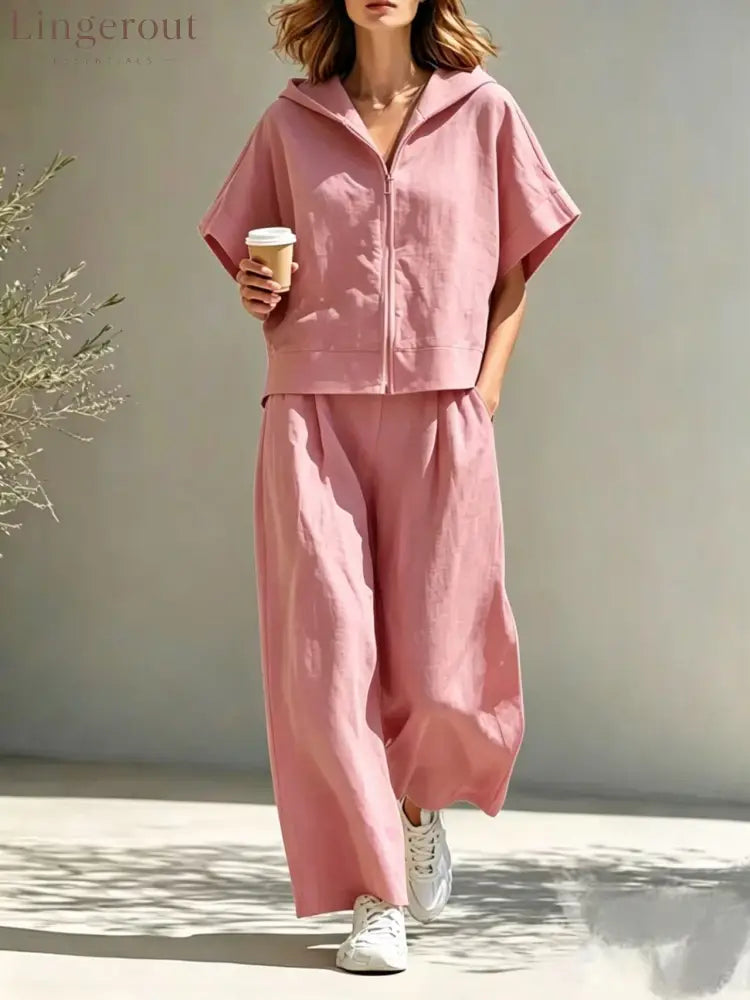 Hooded Zip Top & Wide-Leg Pants Set - Pink / S