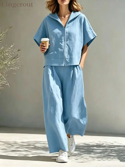 Hooded Zip Top & Wide-Leg Pants Set - Sky blue / S