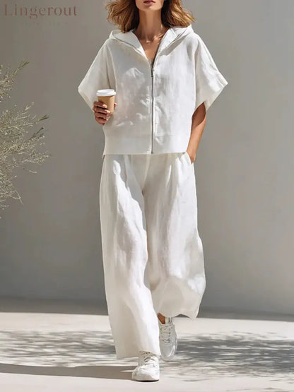 Hooded Zip Top & Wide-Leg Pants Set - White / S