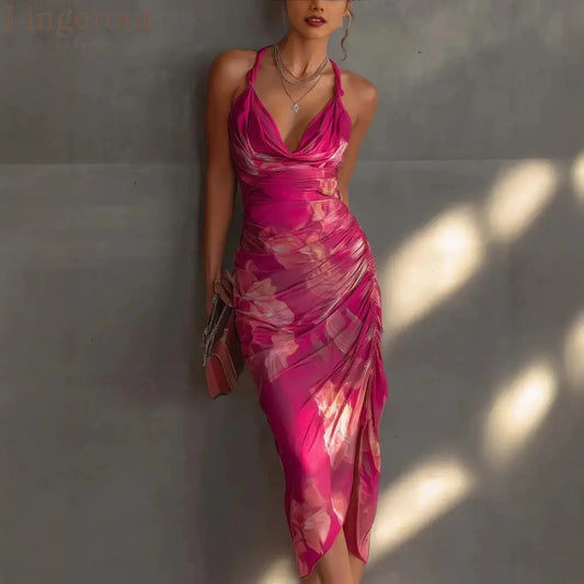 Hot Pink Floral Ruched Halter Midi Dress