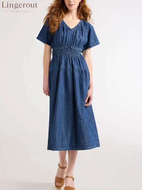 Hot Sale Women’s Lightweight Denim Tiered Midi Dress - Blue / S