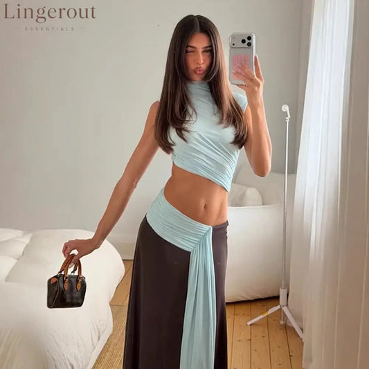 Ice Blue & Brown Ruched Two-Piece Maxi Set - Contrasting colors [ready in stock] / S