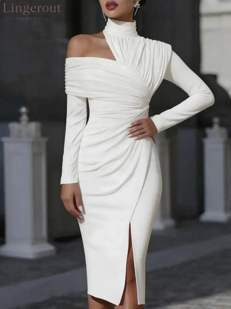 Irregularity Long Sleeves Asymmetric Pleated Solid Color Split-Front Split-Joint Split-Side High Neck Midi Dresses