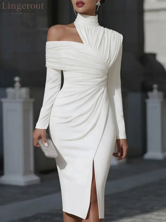 Irregularity Long Sleeves Asymmetric Pleated Solid Color Split-Front Split-Joint Split-Side High Neck Midi Dresses
