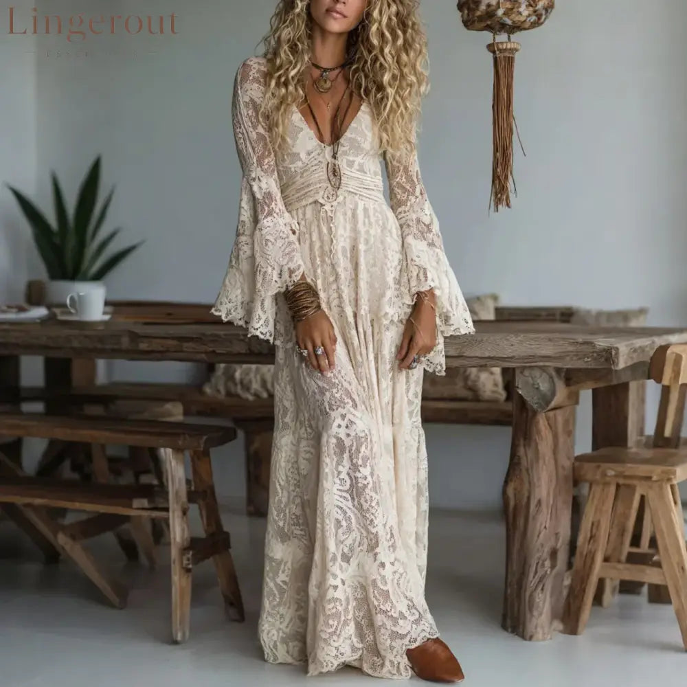Lace Bell-Sleeve Maxi Dress - White / XS - Maxi Dress