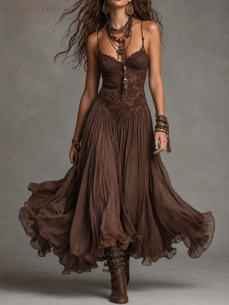 Lace Bodice Tiered Maxi Dress - Brown / XS
