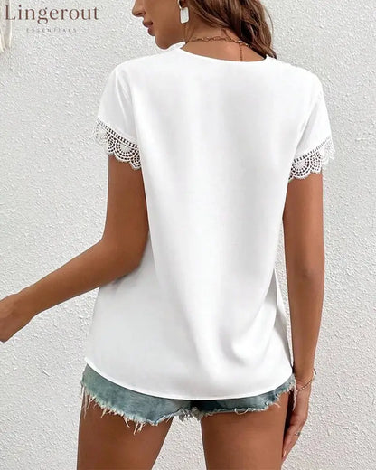 Lace Hollow Solid Color T-Shirt