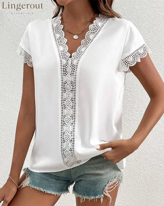 Lace Hollow Solid Color T-Shirt - White / S