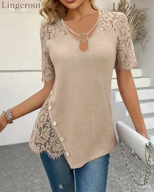 Lace Panel Knitted T-Shirt - Khaki / S