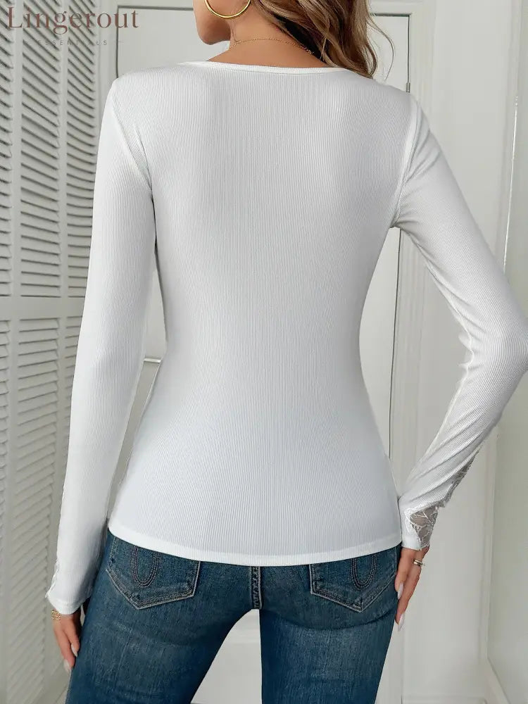 Lace Patchwork Rhinestone Decor Long Sleeves Top
