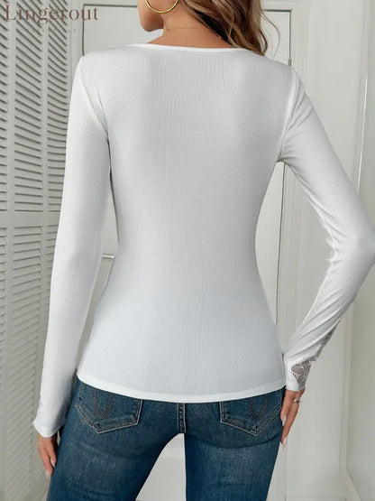 Lace Patchwork Rhinestone Decor Long Sleeves Top