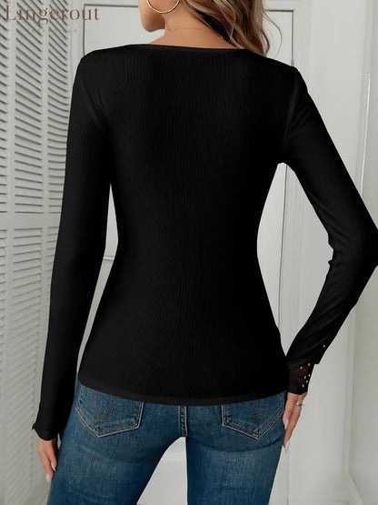 Lace Patchwork Rhinestone Decor Long Sleeves Top