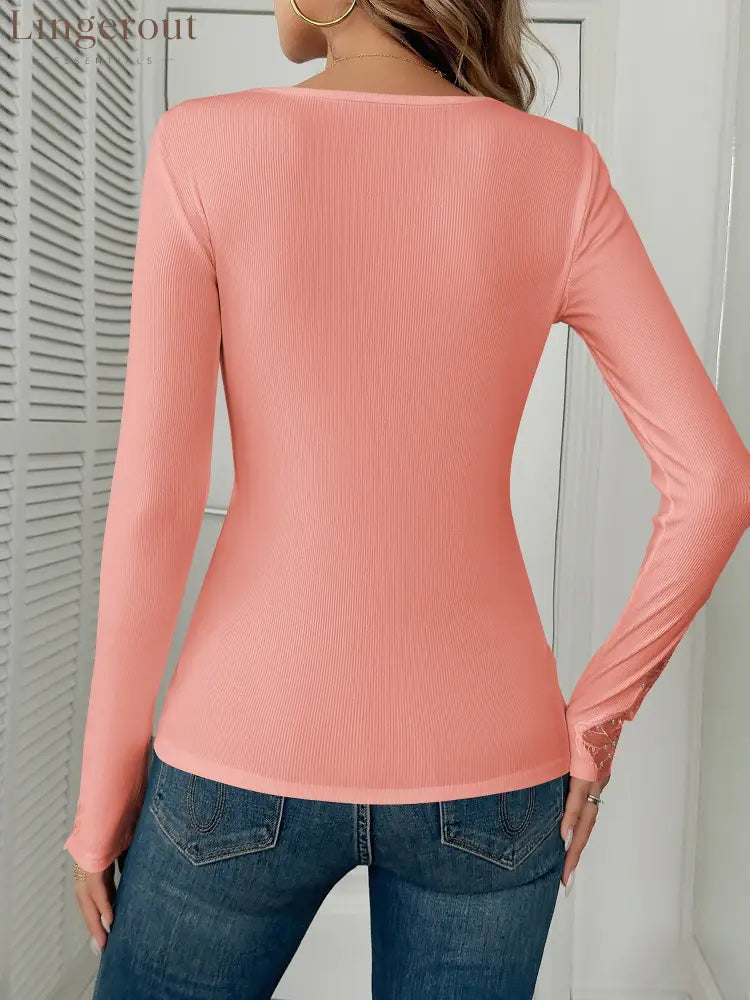 Lace Patchwork Rhinestone Decor Long Sleeves Top