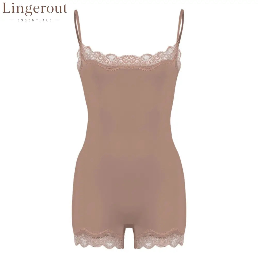 Lace Trim Adjustable Strap Seamless Shaping Bodysuit Short