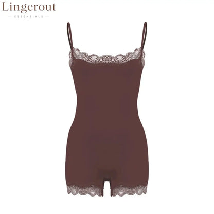 Lace Trim Adjustable Strap Seamless Shaping Bodysuit Short - Brown/coffee / XS