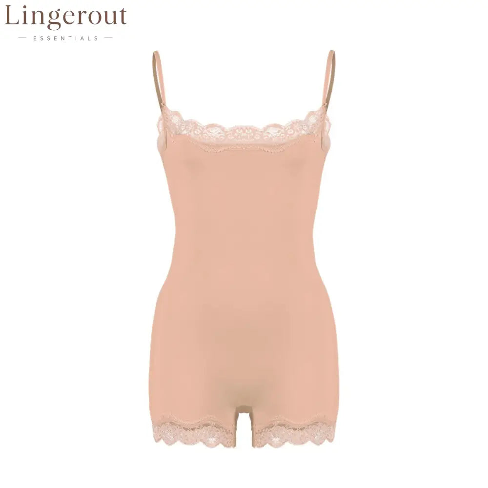 Lace Trim Adjustable Strap Seamless Shaping Bodysuit Short - Skin color/beige / XS