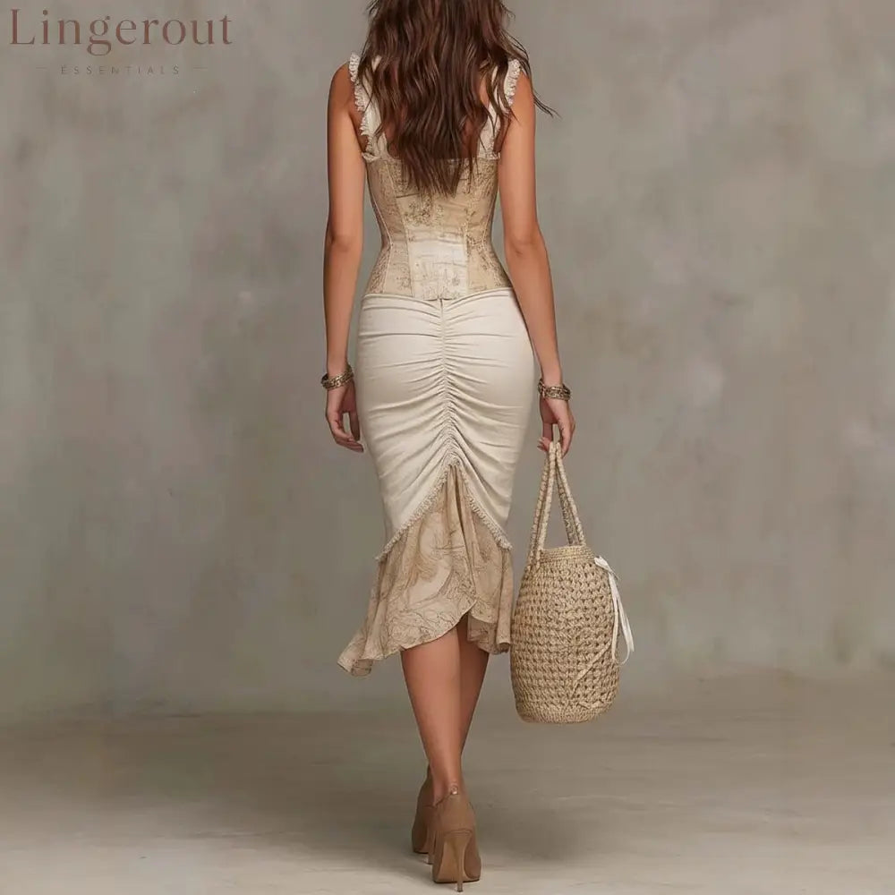 Lace Trim Corset Bodice Ruched Midi Dress With Ruffle Slit Hem