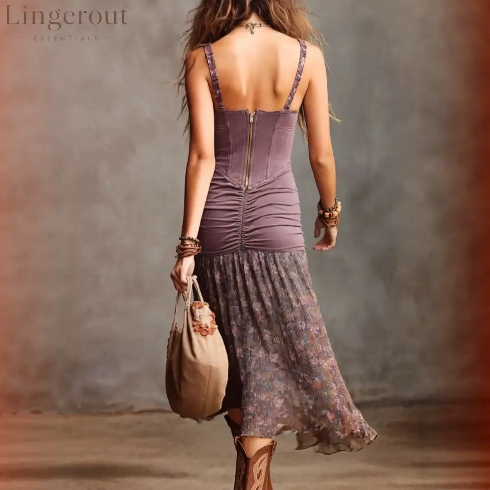 Lace Trim Corset Cami Midi Dress With Ruffled High Slit Floral Skirt