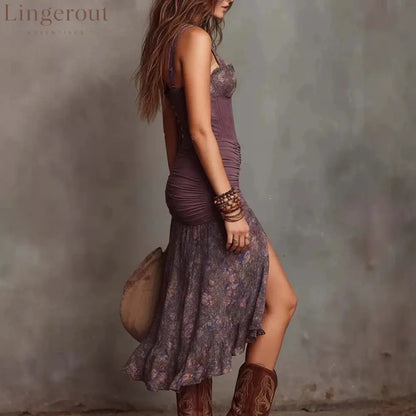 Lace Trim Corset Cami Midi Dress With Ruffled High Slit Floral Skirt