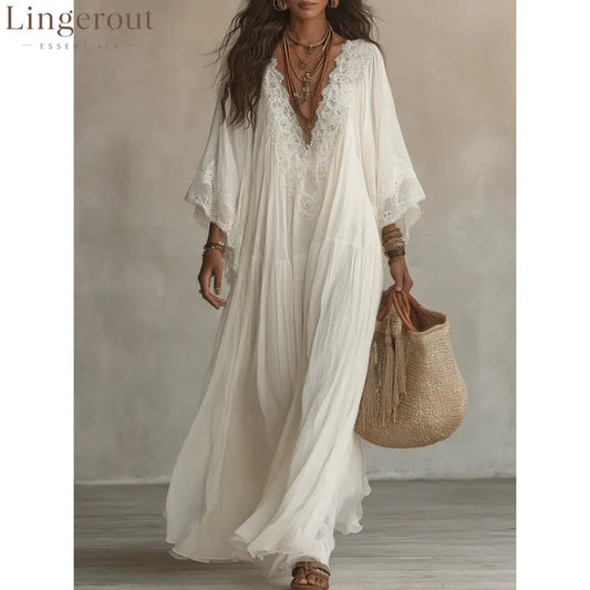 Lace Trim V-Neck Bell Sleeve Tiered Flowy Boho Maxi Dress - Milky / S