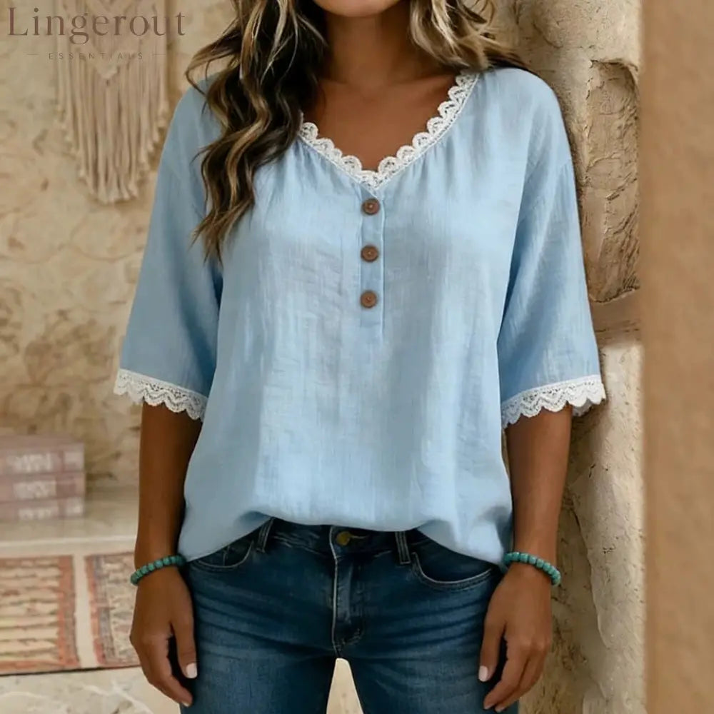 Lace‑Trim V‑Neck Henley Half‑Sleeve Blouse