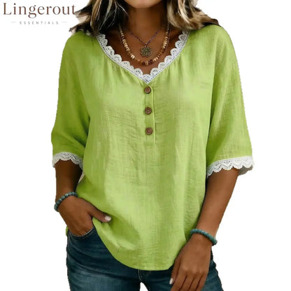 Lace‑Trim V‑Neck Henley Half‑Sleeve Blouse