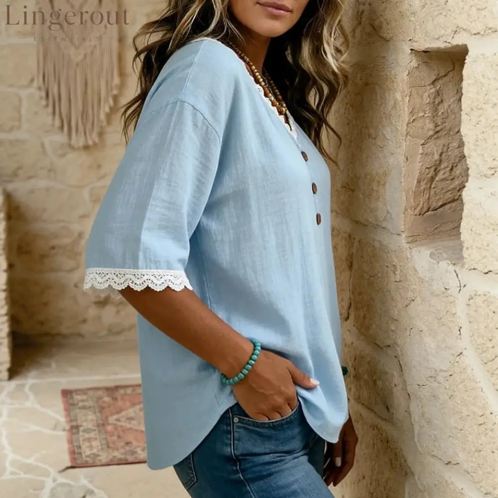 Lace‑Trim V‑Neck Henley Half‑Sleeve Blouse