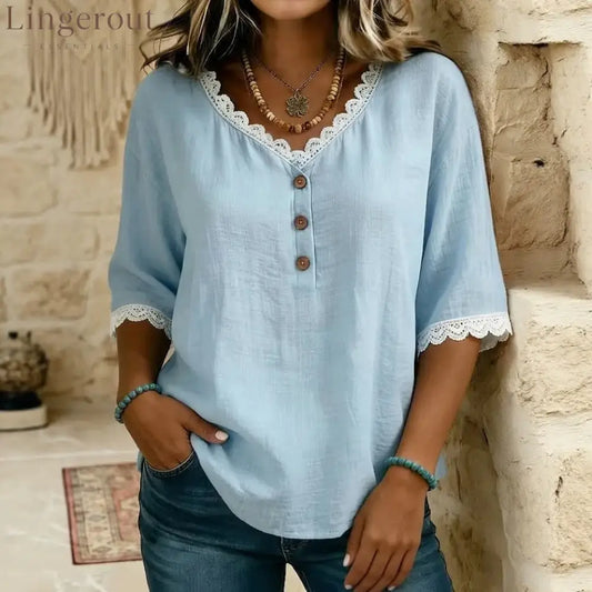 Lace‑Trim V‑Neck Henley Half‑Sleeve Blouse