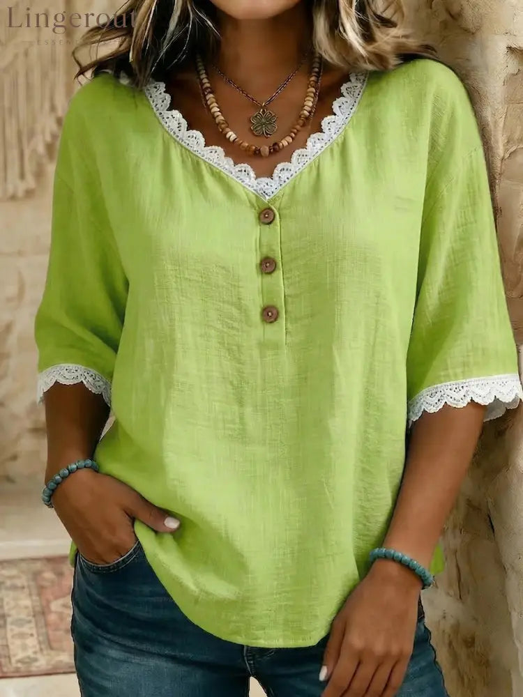 Lace‑Trim V‑Neck Henley Half‑Sleeve Blouse - Light green / S