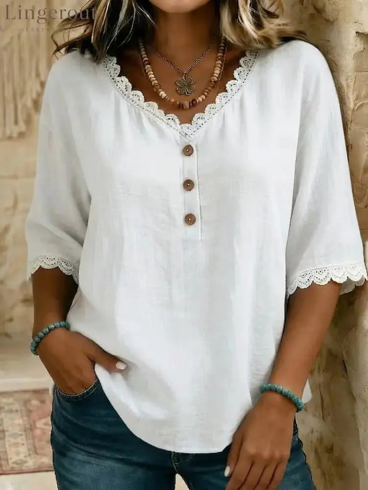 Lace‑Trim V‑Neck Henley Half‑Sleeve Blouse - White / S