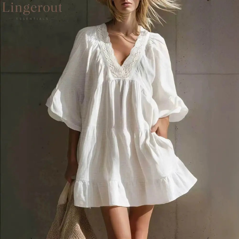 Lace V‑Neck Tiered Ruffle Mini Dress