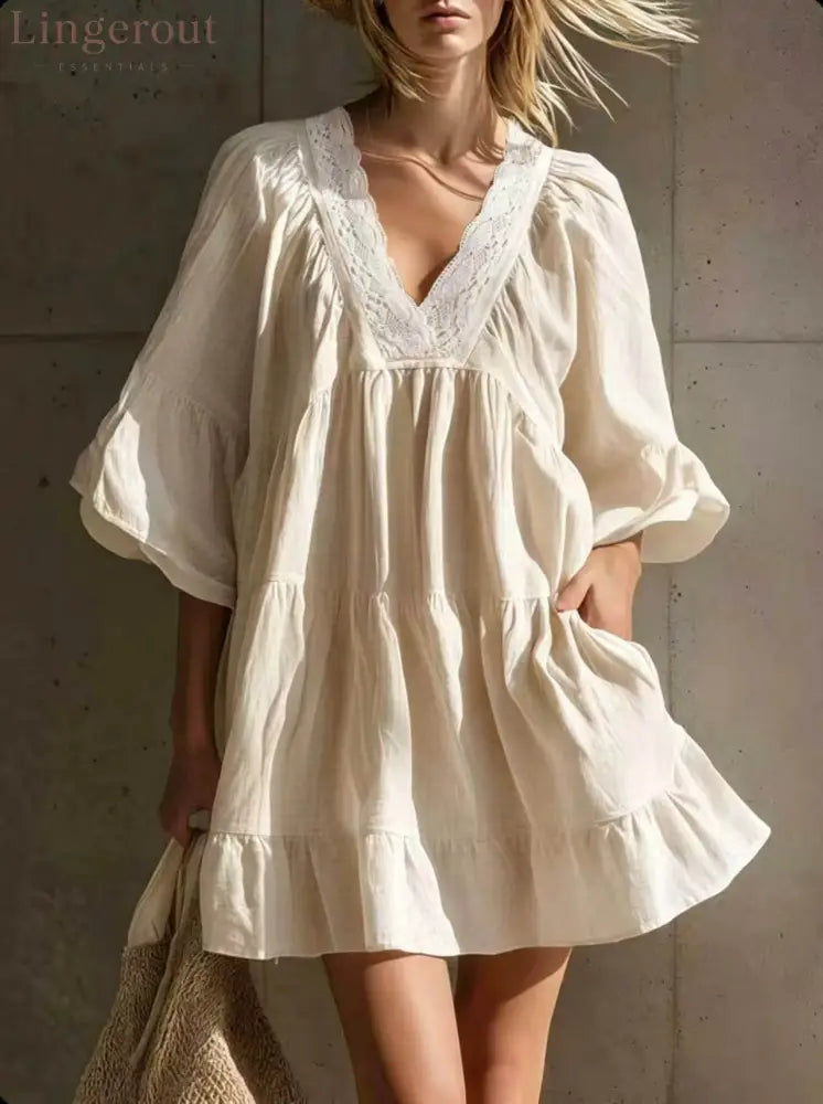 Lace V‑Neck Tiered Ruffle Mini Dress - Milky / S