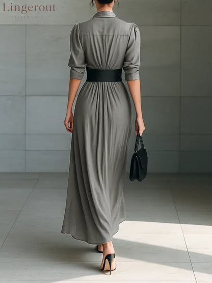 Ladies Lapel Long Sleeve Single Breasted Belt Maxi Dress