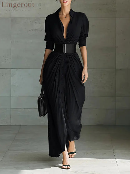 Ladies Lapel Long Sleeve Single Breasted Belt Maxi Dress - Black / S