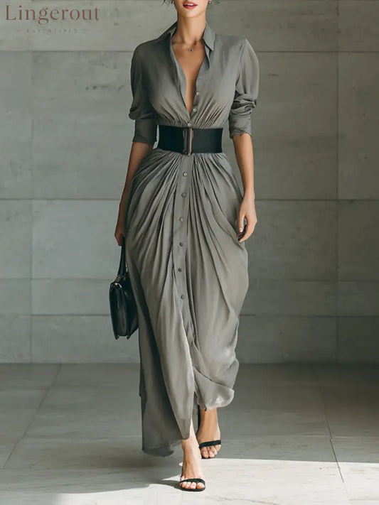 Ladies Lapel Long Sleeve Single Breasted Belt Maxi Dress - Gray / S