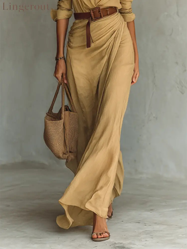 Ladies Lapel Single Breasted Long Sleeve Belted Maxi Dress