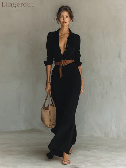 Ladies Lapel Single Breasted Long Sleeve Belted Maxi Dress - Black / XS