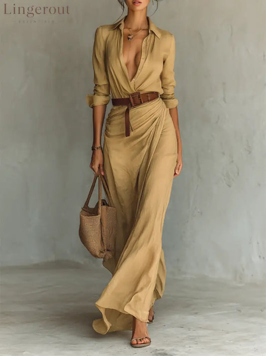 Ladies Lapel Single Breasted Long Sleeve Belted Maxi Dress - Khaki / XS