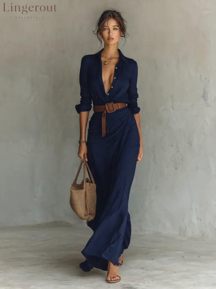 Ladies Lapel Single Breasted Long Sleeve Belted Maxi Dress - Navy / XS